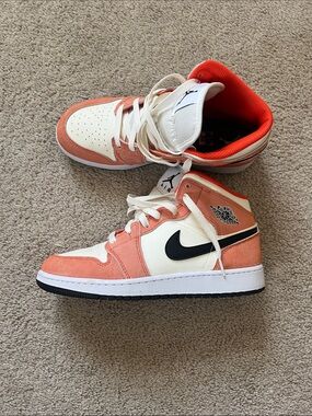 Nike Kids Orange and White High-Top Sneakers with Black Swoosh